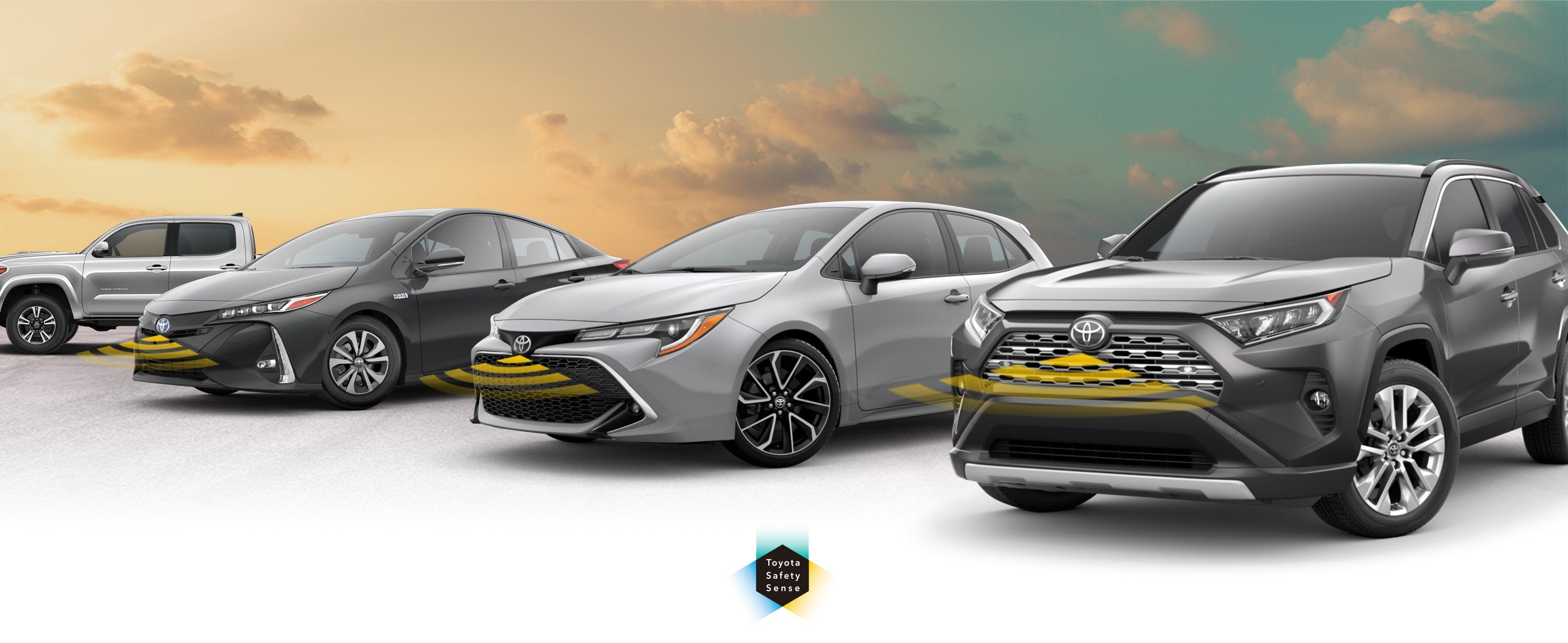 Toyota Safety Sense: Designed for Safety. Options shown on Toyota models including RAV4, Tacoma, and Camry, available now at ToyotaDemo1 in Derwood MD.